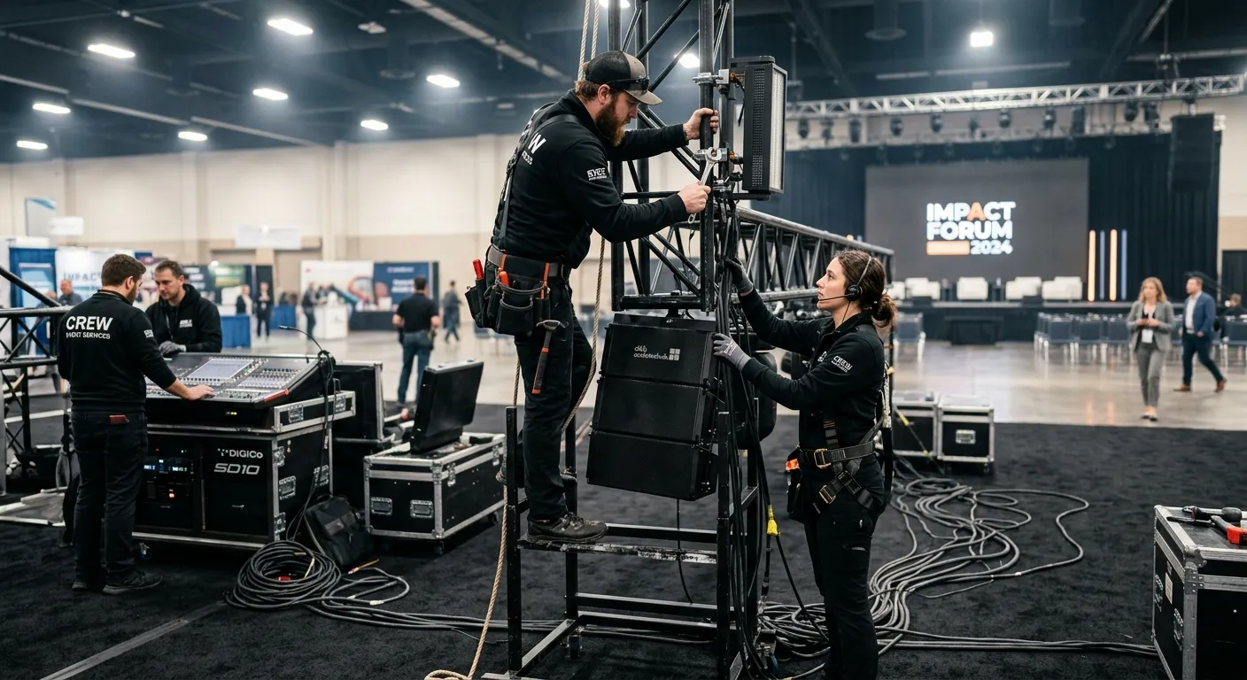 A dynamic, high-energy photo of a professional event crew in action at a large conference. The crew, wearing branded black attire, is shown setting up lighting rigs and audio equipment. The mood is focused, efficient, and professional, with a shallow depth of field highlighting the teamwork.