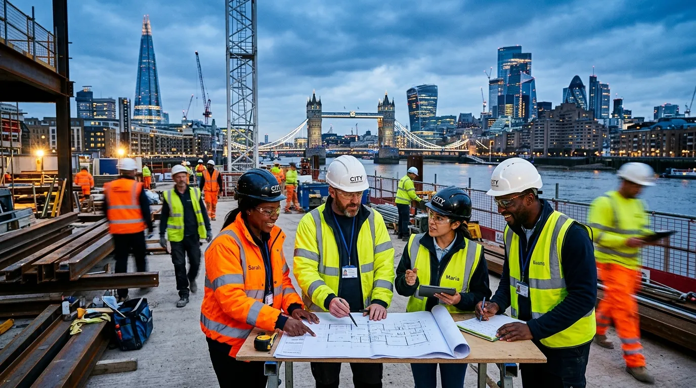 A dynamic, professional hero image showing a diverse team of temporary workers in London, perhaps on a construction site or in a modern office hub, with iconic London landmarks like The Shard or Tower Bridge subtly in the background. Style: Professional, energetic, high-contrast. Mood: Busy, efficient, and solution-oriented.