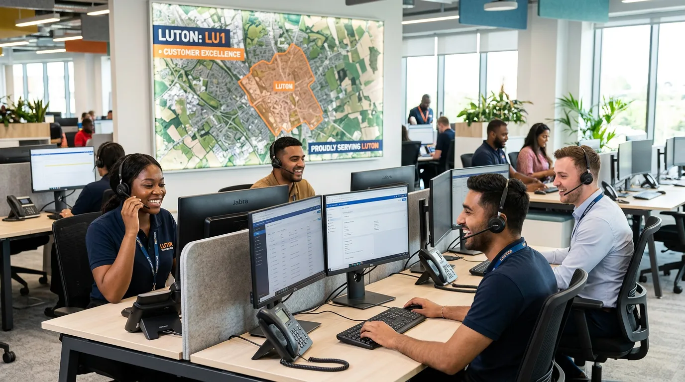 A professional, dynamic hero image showing a diverse team of customer service advisors in a modern Luton call centre or office environment, smiling and engaged with clients via headsets and computers. The mood is energetic, professional, and welcoming, with a slight focus on the LU1 postcode area on a map in the background.