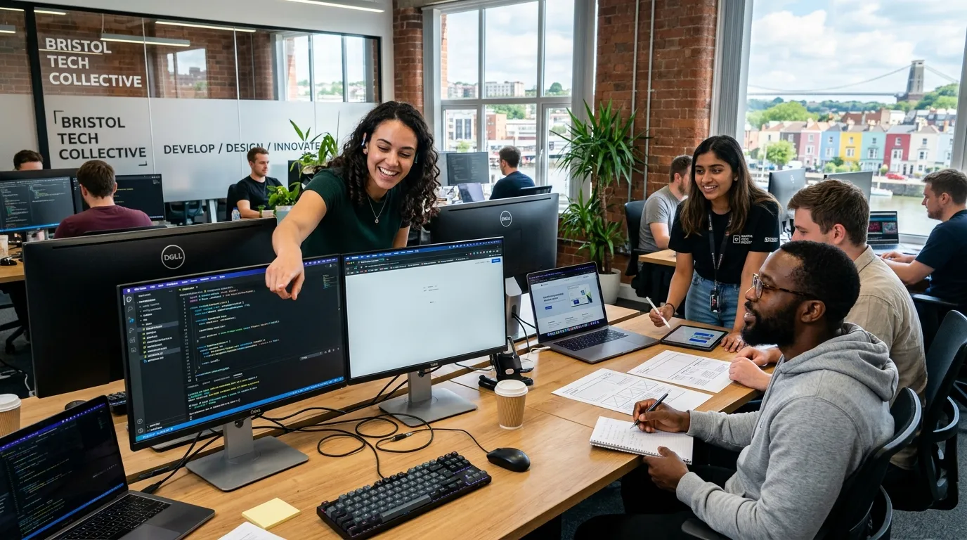 A modern, energetic hero image showing a diverse team of web developers collaborating in a bright, professional office environment in Bristol. One developer is pointing to code on a large monitor, another is discussing a design mockup. The mood is collaborative, tech-focused, and professional.