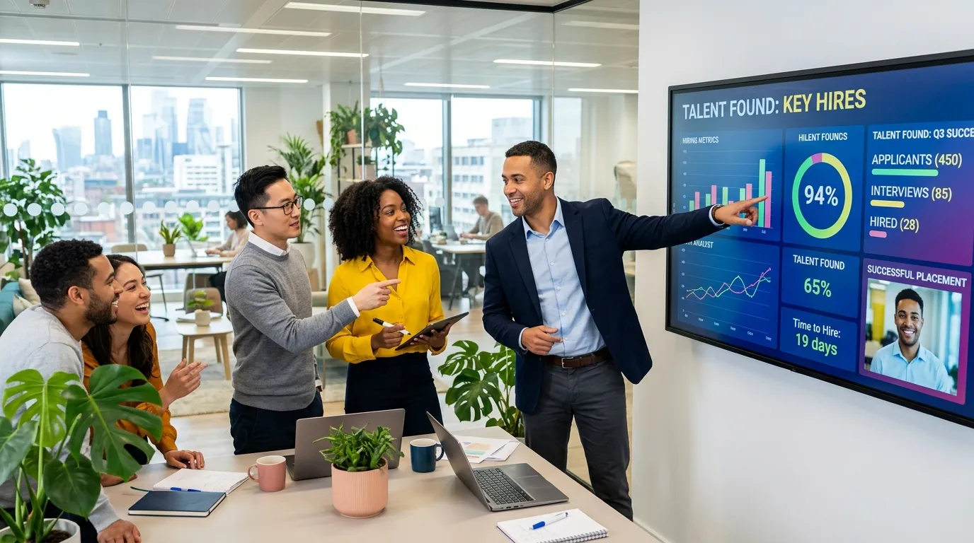 A modern, dynamic hero image showing a diverse team of professionals collaborating in a bright offic... A modern, dynamic hero image showing a diverse team of professionals collaborating in a bright office environment. A hiring manager points to a data analytics dashboard showing 'Talent Found'. Style: Professional, vibrant, and forward-looking with a focus on human connection and technology.