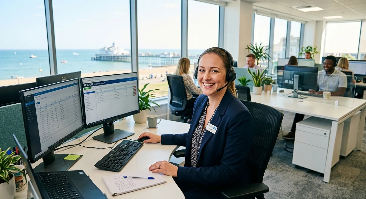 A professional, friendly-looking call centre operator wearing a headset, smiling while working in a... A professional, friendly-looking call centre operator wearing a headset, smiling while working in a modern, bright office environment in Eastbourne. Style is realistic and aspirational.