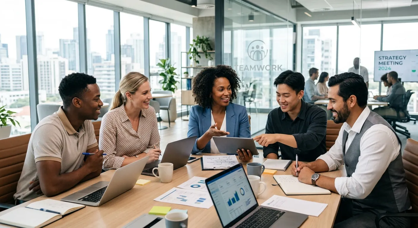 A diverse group of professional, confident-looking employees in a modern office setting, collaborating around a table. Style is bright, high-resolution, and aspirational, with a focus on teamwork and success.
