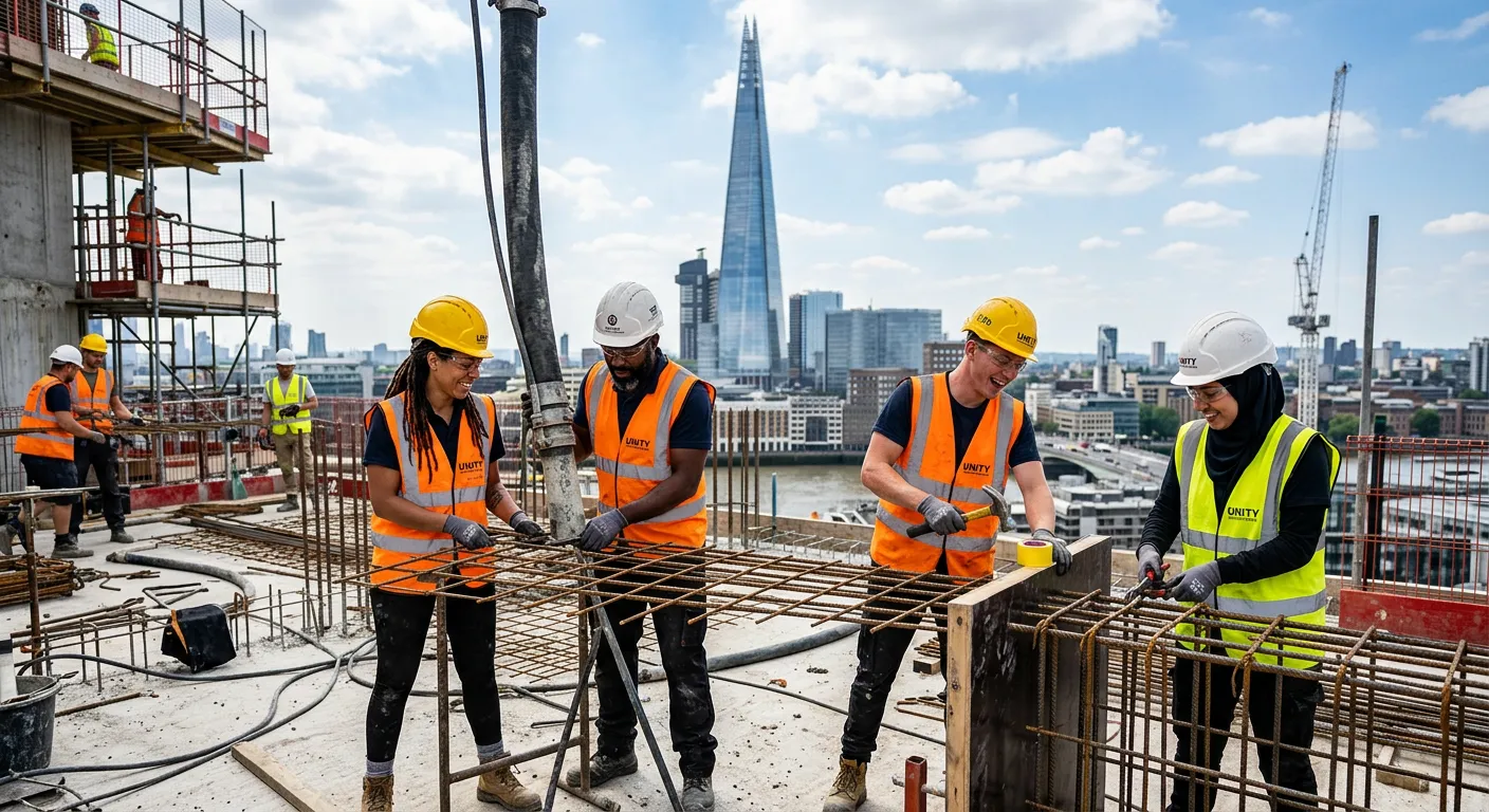 A high-energy, professional photo of a diverse team of construction labourers in London, working col... A high-energy, professional photo of a diverse team of construction labourers in London, working collaboratively on a modern construction site with the Shard or Canary Wharf in the background. Style: Vibrant, sharp, and inspiring. Mood: Professional, productive, and dynamic.