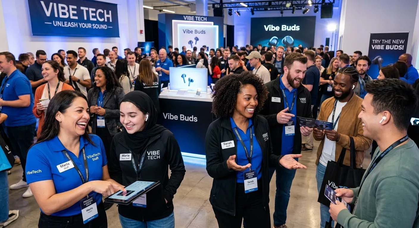 A dynamic, high-energy shot of a diverse team of promotional staff in branded apparel engaging with customers at a bustling product launch event. Style is modern, bright, and professional, capturing authentic interaction and brand enthusiasm.