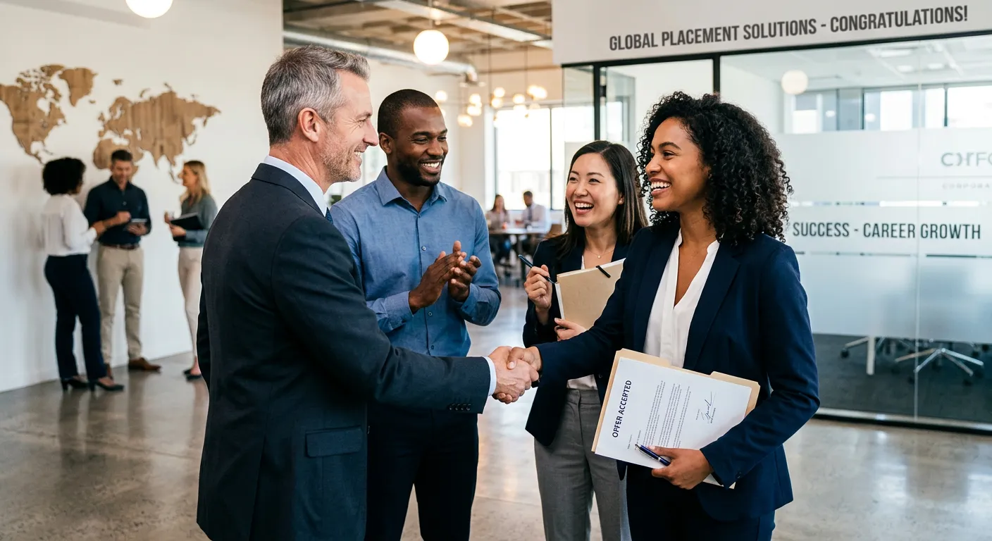 A dynamic, professional photo of a diverse group of professionals in a modern office setting, shakin... A dynamic, professional photo of a diverse group of professionals in a modern office setting, shaking hands and smiling, representing successful job placement. Style: High-contrast, bright, and aspirational.
