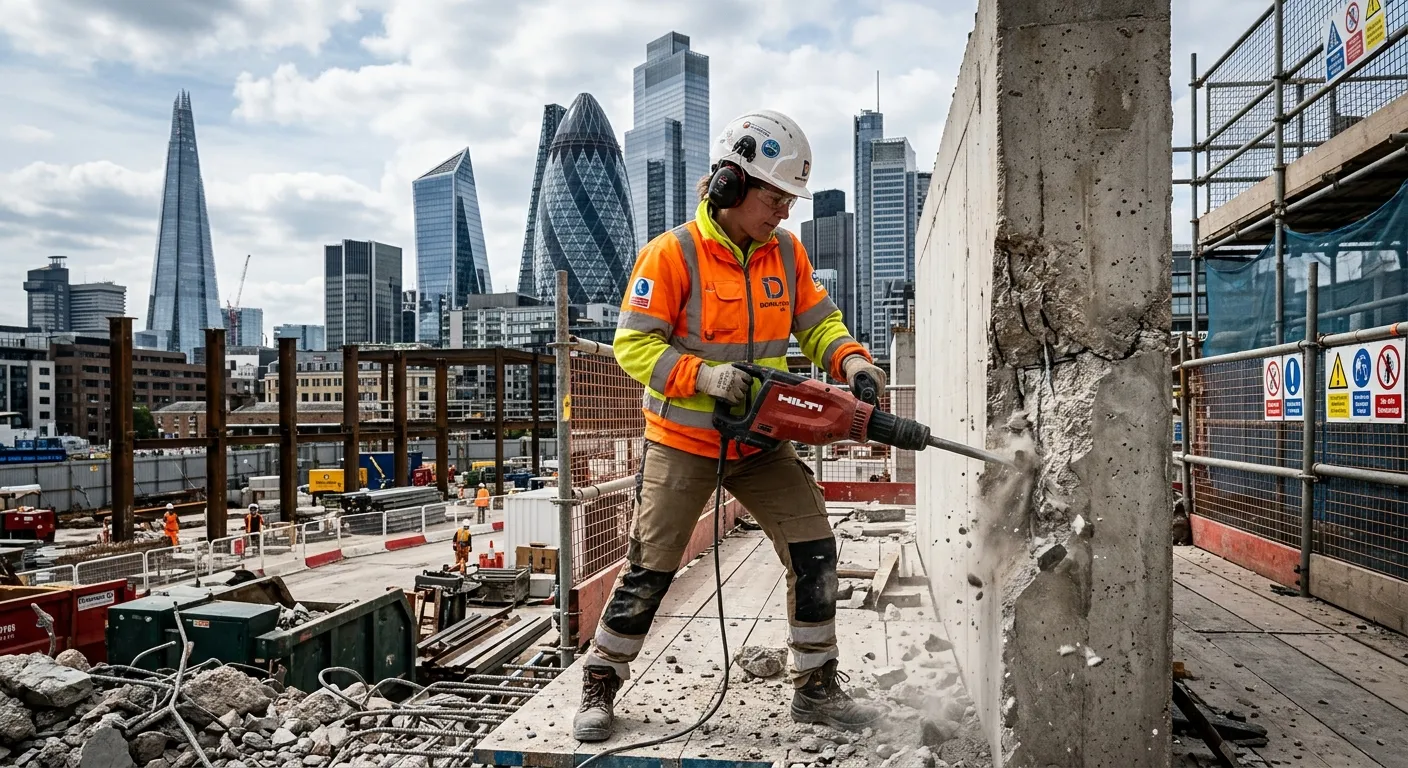 A professional, dynamic image of a demolition labourer in a high-visibility vest, safely operating a breaker or sledgehammer on a controlled London construction site, with modern City of London skyscrapers in the background. The image conveys action, safety, and urban construction.
