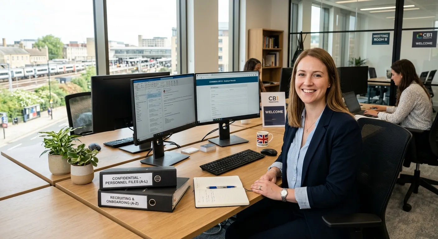 A professional, welcoming image of a modern Cambridge office interior, possibly near the station, with a tidy desk featuring a computer, HR files, and a smiling person in business casual attire, representing the collaborative and efficient environment of the role.