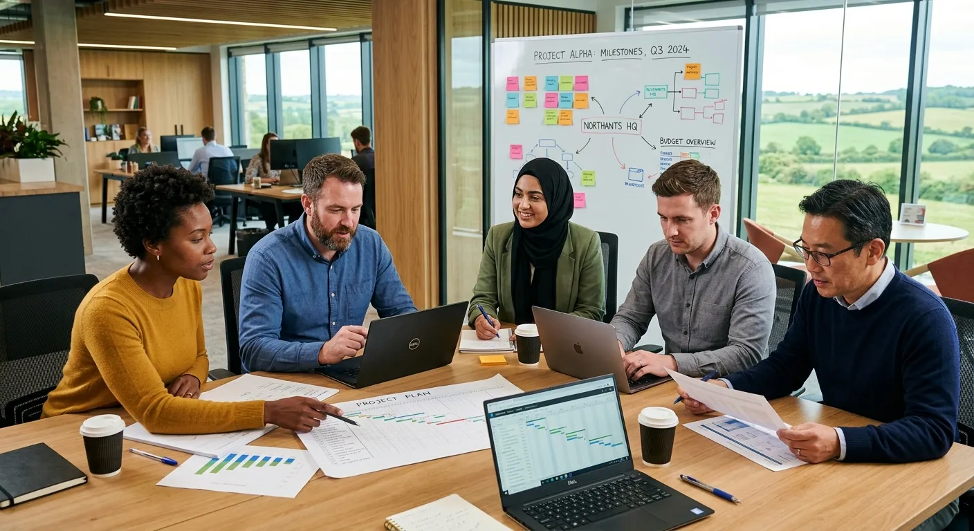 A professional, diverse team in a modern office in Northamptonshire collaborating on a project plan,... A professional, diverse team in a modern office in Northamptonshire collaborating on a project plan, looking focused and engaged, with laptops and charts visible.