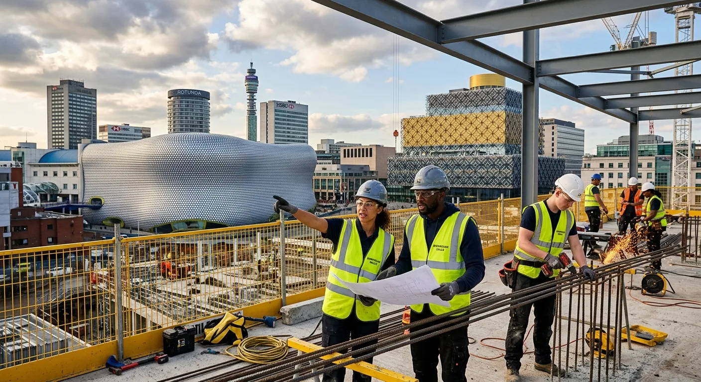 A dynamic, professional shot of Birmingham's skyline (including the Bullring and Library of Birmingham) blended with a diverse group of skilled workers on a modern construction site, showcasing energy and opportunity.