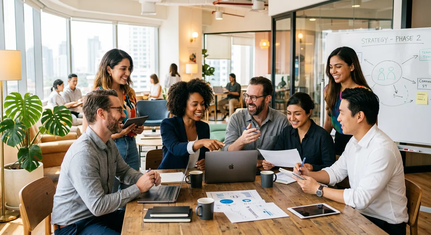 A modern, diverse group of professionals collaborating in a bright, open-plan office. Style is profe... A modern, diverse group of professionals collaborating in a bright, open-plan office. Style is professional stock photography with a focus on connection and teamwork. Mood is energetic, innovative, and successful.