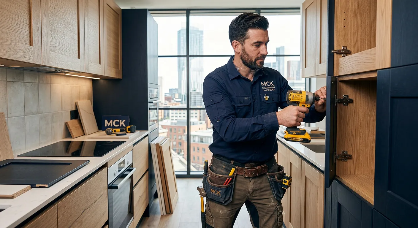 A professional, confident carpenter in clean workwear using a power tool on a high-quality kitchen installation in a modern Manchester city centre apartment. The image should convey skill, precision, and a sense of local pride.