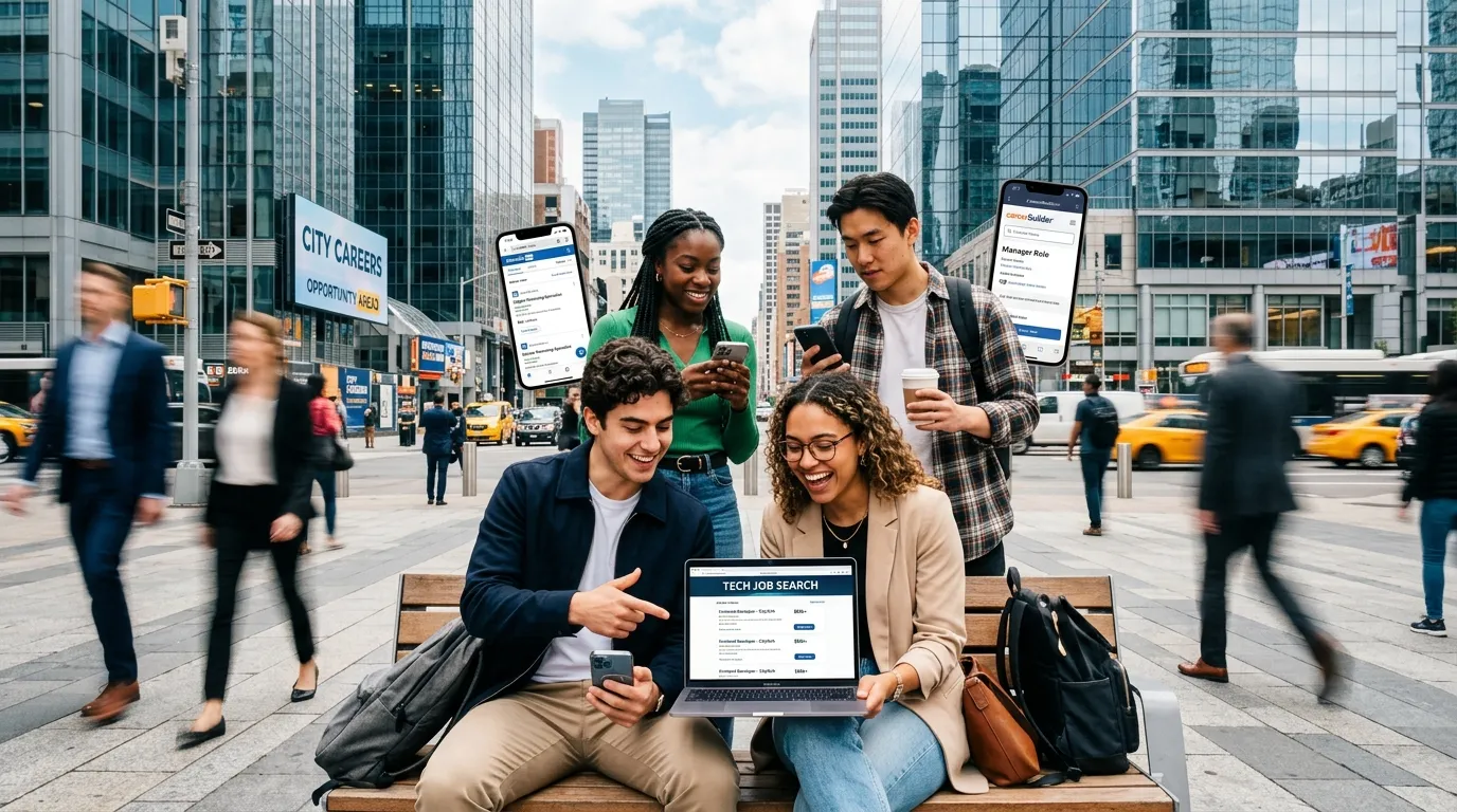 A dynamic, professional hero image showing a diverse group of people in a modern city centre, looking at job listings on their phones and laptops. The mood is optimistic and active, with a slight motion blur to convey urgency and opportunity.