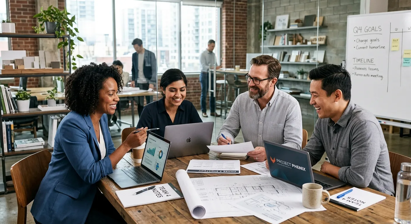 A professional, diverse team collaborating in a modern office or light industrial setting, smiling and discussing plans over a table with laptops and documents. Style: Bright, authentic, professional. Mood: Collaborative, confident, forward-thinking.