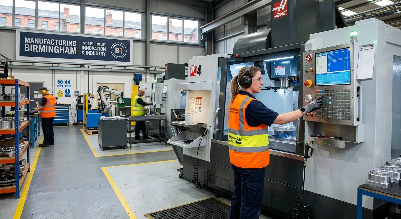 A professional, well-lit photograph of a skilled Machine Operator in safety glasses and high-visibil... A professional, well-lit photograph of a skilled Machine Operator in safety glasses and high-visibility vest, confidently operating a modern CNC machine on a clean, busy factory floor in an industrial unit, representing the vibrant manufacturing sector in Birmingham B1.