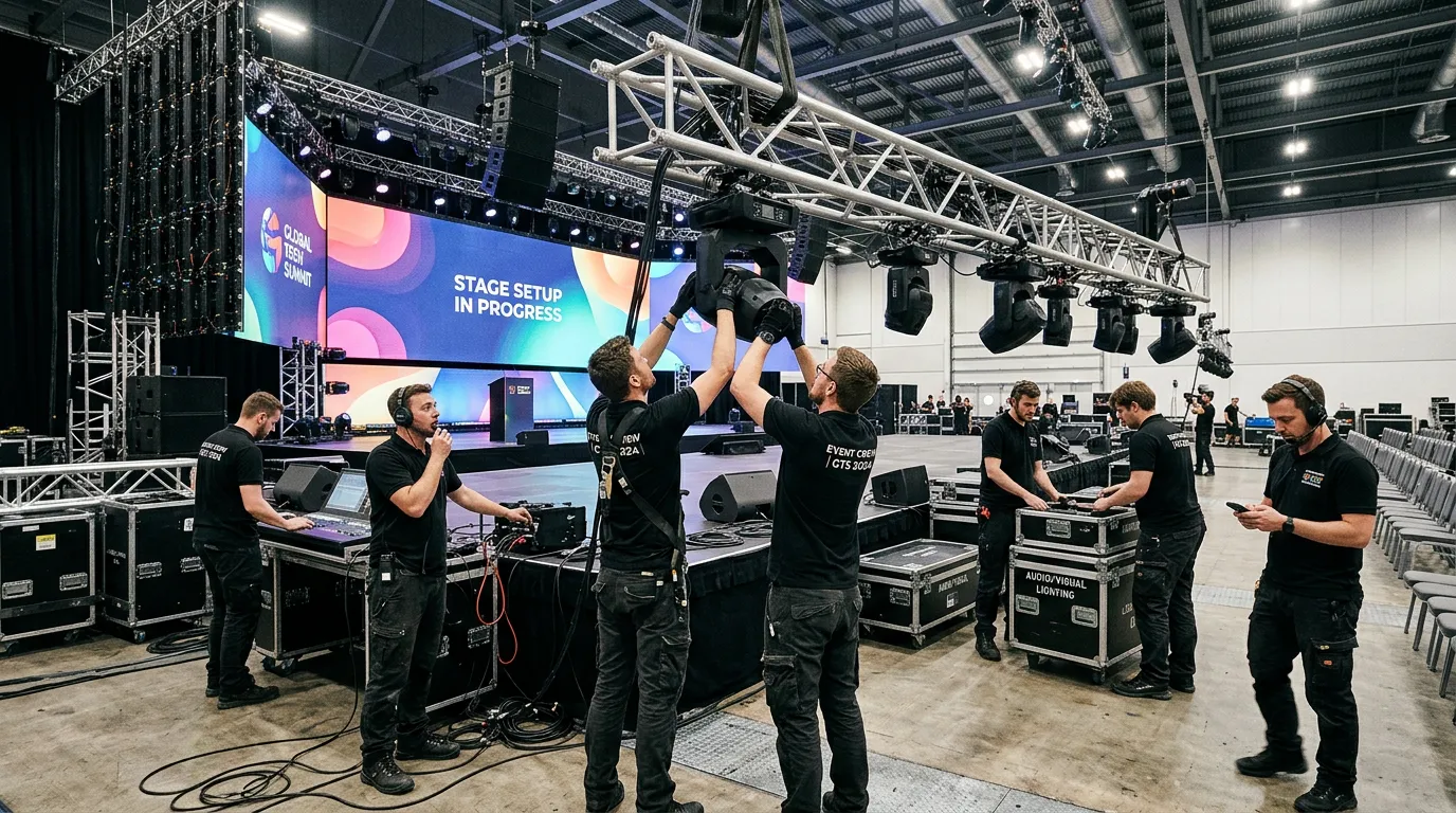 A dynamic, wide-angle shot of a professional event crew in action at a large conference. Crew member... A dynamic, wide-angle shot of a professional event crew in action at a large conference. Crew members in branded black polo shirts are setting up a stage, adjusting lighting trusses, and coordinating via headset. The mood is energetic, professional, and focused.