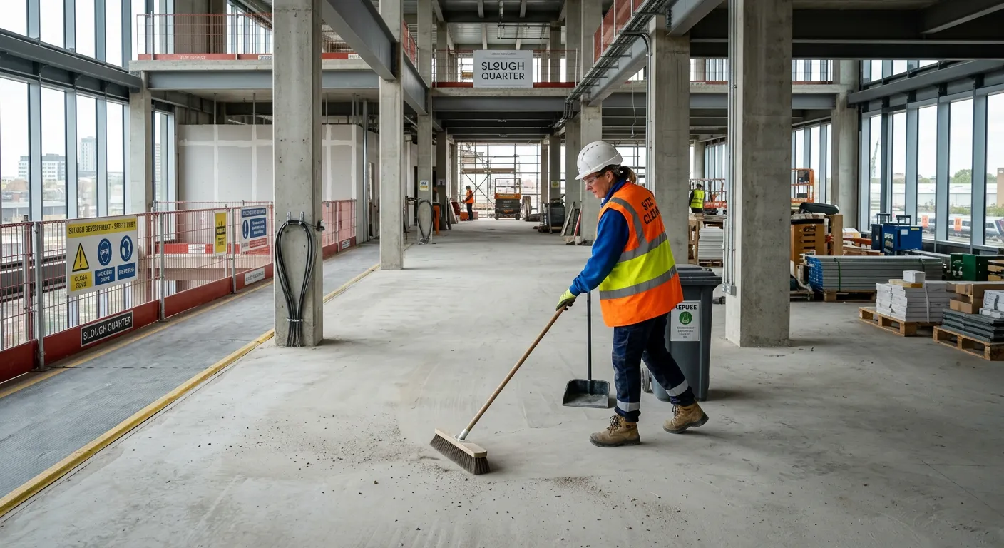 Professional construction site cleaner in high-visibility vest, meticulously sweeping debris inside... Professional construction site cleaner in high-visibility vest, meticulously sweeping debris inside a large, modern construction site in Slough. The image should convey safety, diligence, and a spotless work environment.