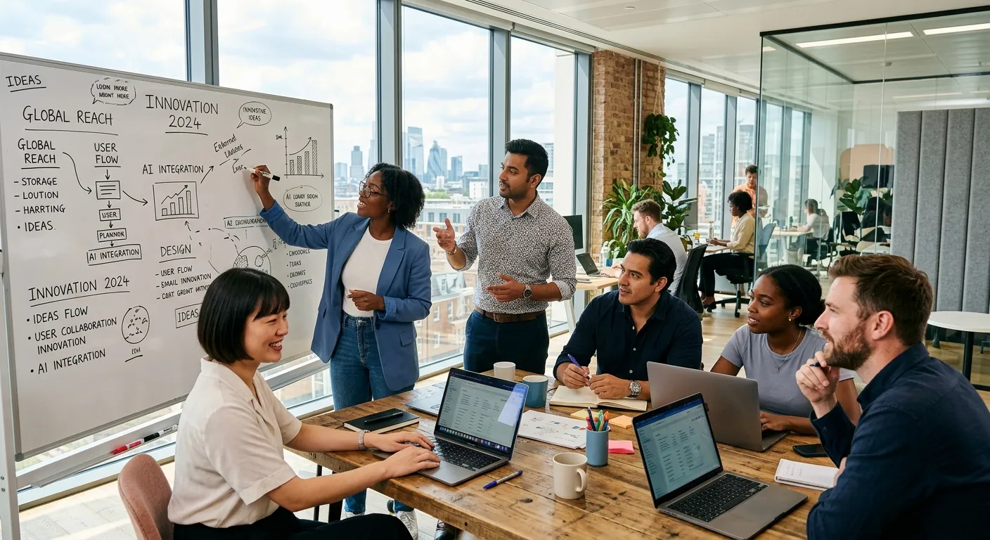 A diverse team of modern professionals collaborating in a bright, sunlit office with laptops and whiteboards. Style: Professional, vibrant, and dynamic. Mood: Collaborative, innovative, and forward-thinking.