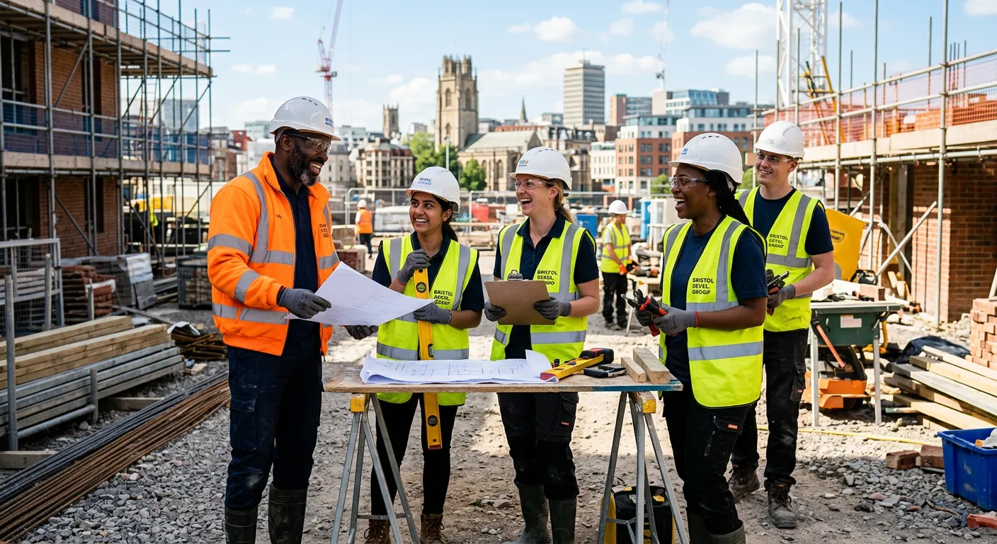 A professional, diverse team of general labourers on a construction site in Bristol, smiling and collaborating. The scene is bright, active, and conveys a sense of teamwork and opportunity.