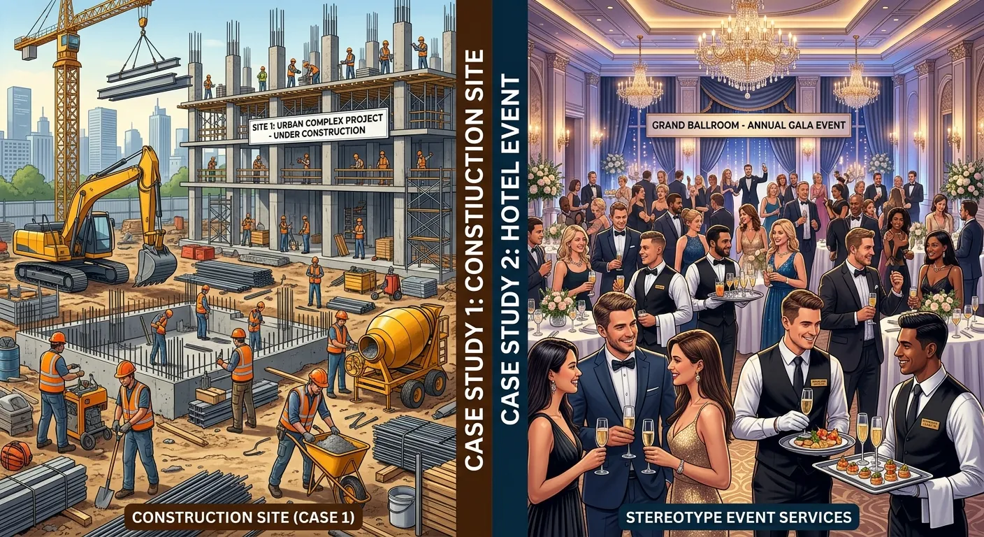 A split-image showing a busy, well-organized construction site on one side and a sleek hotel event w... A split-image showing a busy, well-organized construction site on one side and a sleek hotel event with staff serving guests on the other, symbolizing the two case studies.