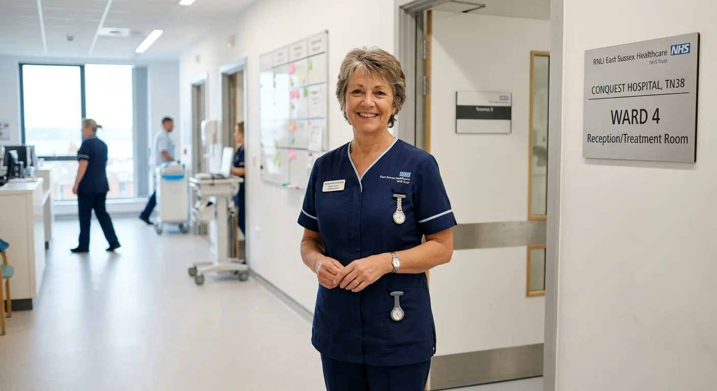 A confident, professional senior nurse in modern clinical attire smiling warmly, standing in a bright, clean hospital corridor or treatment room. The image should convey trust, capability, and a welcoming, local feel, subtly suggesting the TN38 area.