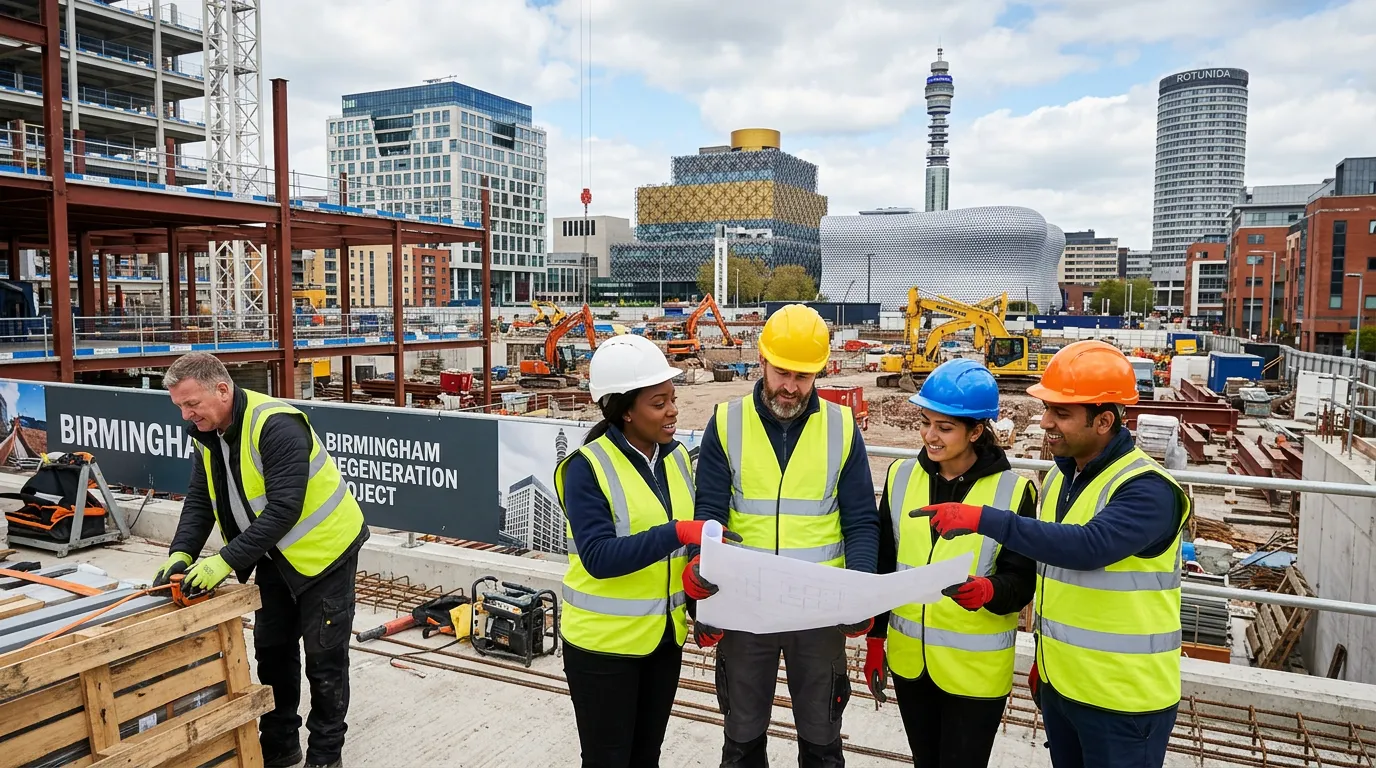 A dynamic, professional hero image showing a diverse team of construction and warehouse workers coll... A dynamic, professional hero image showing a diverse team of construction and warehouse workers collaborating on a modern building site in Birmingham, with the city's skyline in the background. Style is vibrant, realistic, and inspiring, conveying action and teamwork.