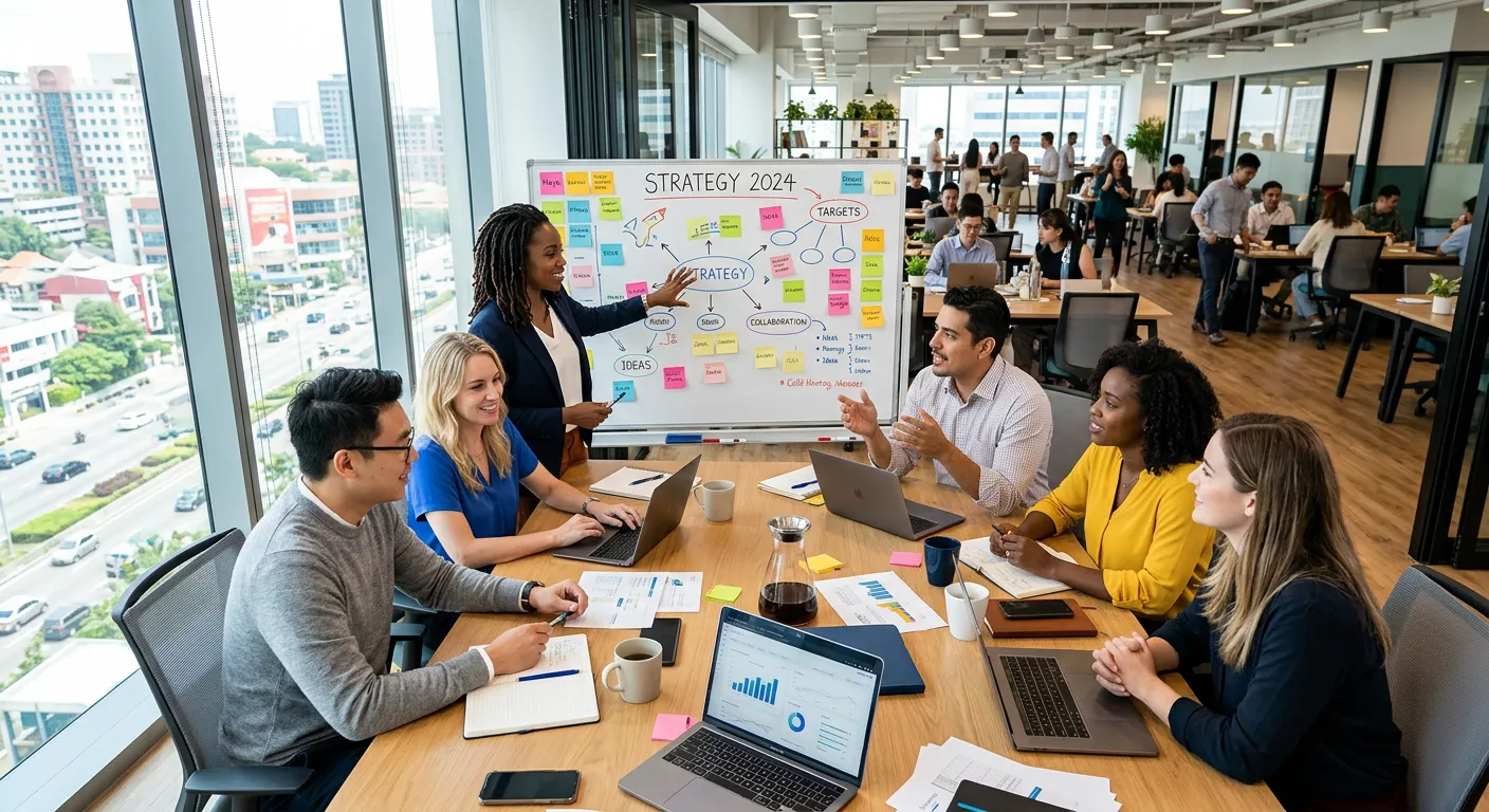 A modern, dynamic office environment from a high angle, showing a diverse team collaborating around... A modern, dynamic office environment from a high angle, showing a diverse team collaborating around a table with laptops and strategy boards. The image should be bright, professional, and convey energy and connection. Style: Corporate photography, vibrant, sharp focus.