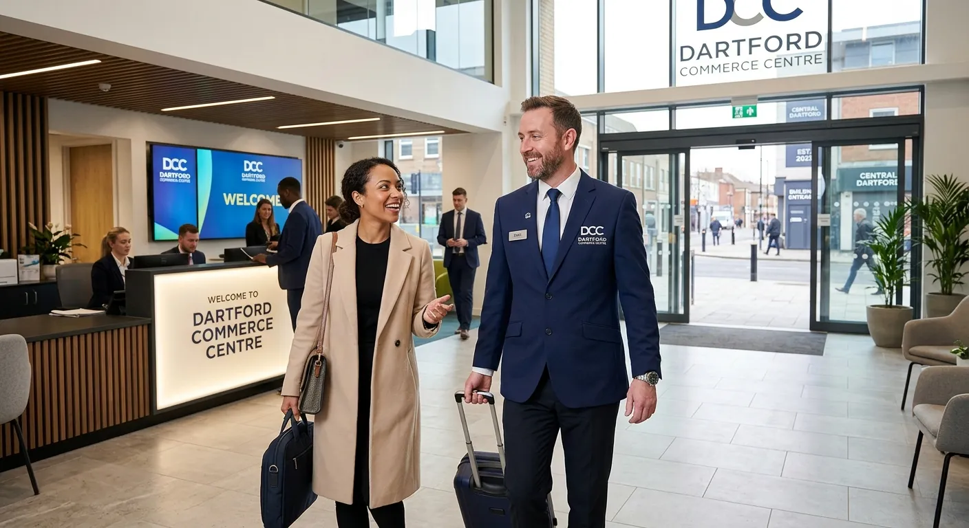 Professional, high-resolution hero image showing a confident porter in a clean, smart uniform, smiling and assisting a customer in a modern, well-maintained commercial building entrance in Dartford. The mood is professional, trustworthy, and welcoming.