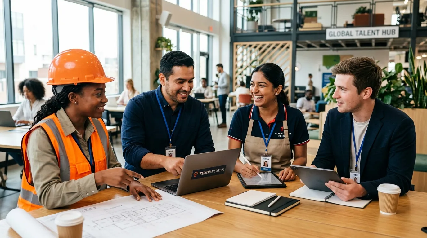 A dynamic, professional hero image showing a diverse group of temporary workers in various industrie... A dynamic, professional hero image showing a diverse group of temporary workers in various industries (construction, office, hospitality) collaborating seamlessly in a modern workspace. Style: High-resolution, bright, optimistic mood.