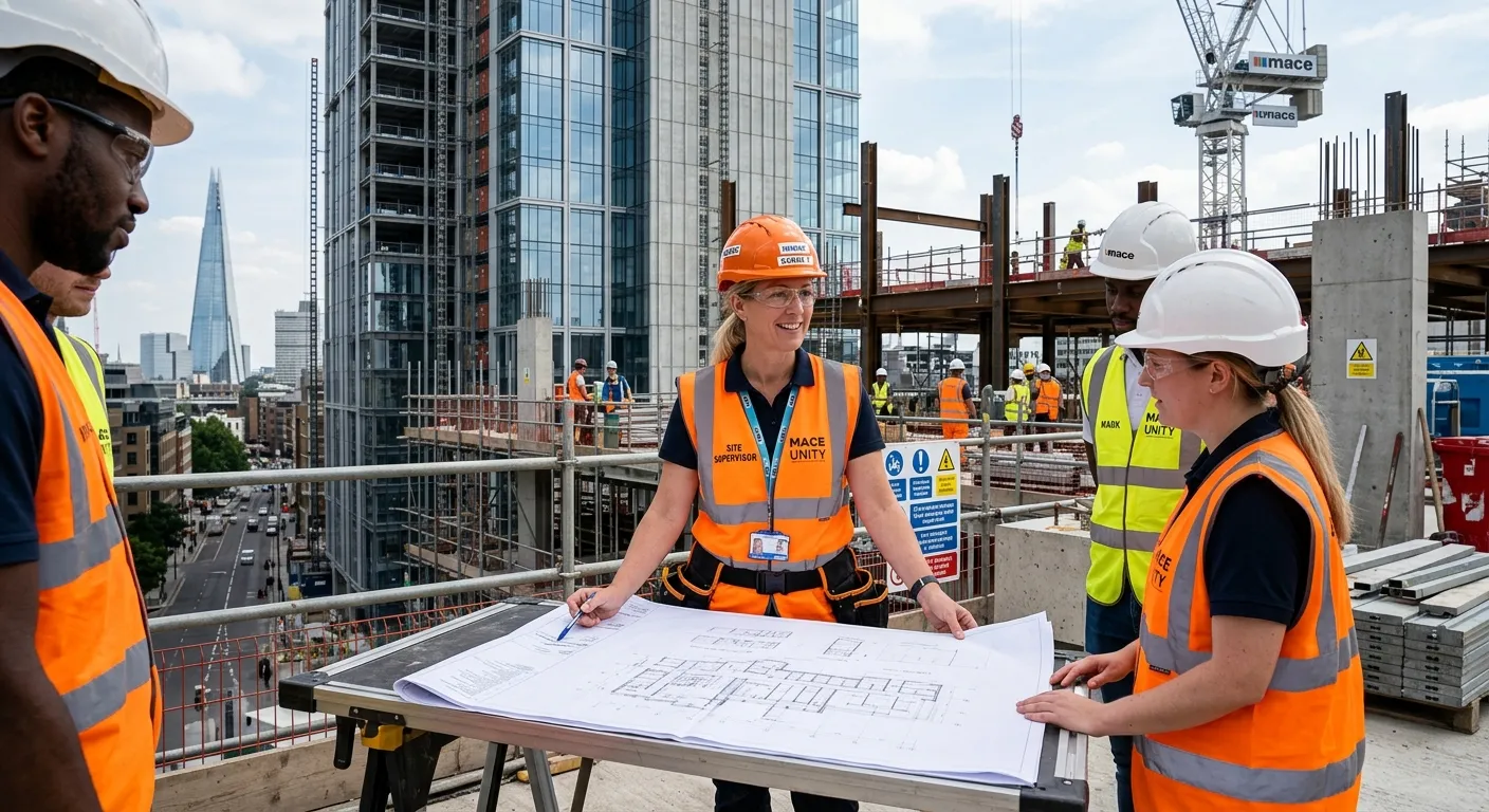 Professional photo of a Site Supervisor in a hi-vis vest on a modern construction site in central Lo... Professional photo of a Site Supervisor in a hi-vis vest on a modern construction site in central London, confidently reviewing plans with a team, representing authority and leadership.