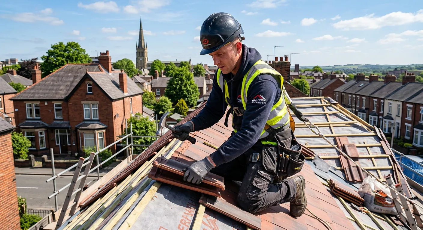 A professional roofer at work on a residential property in Wakefield, wearing safety gear, installing roof tiles on a bright day, showcasing skill and focus.