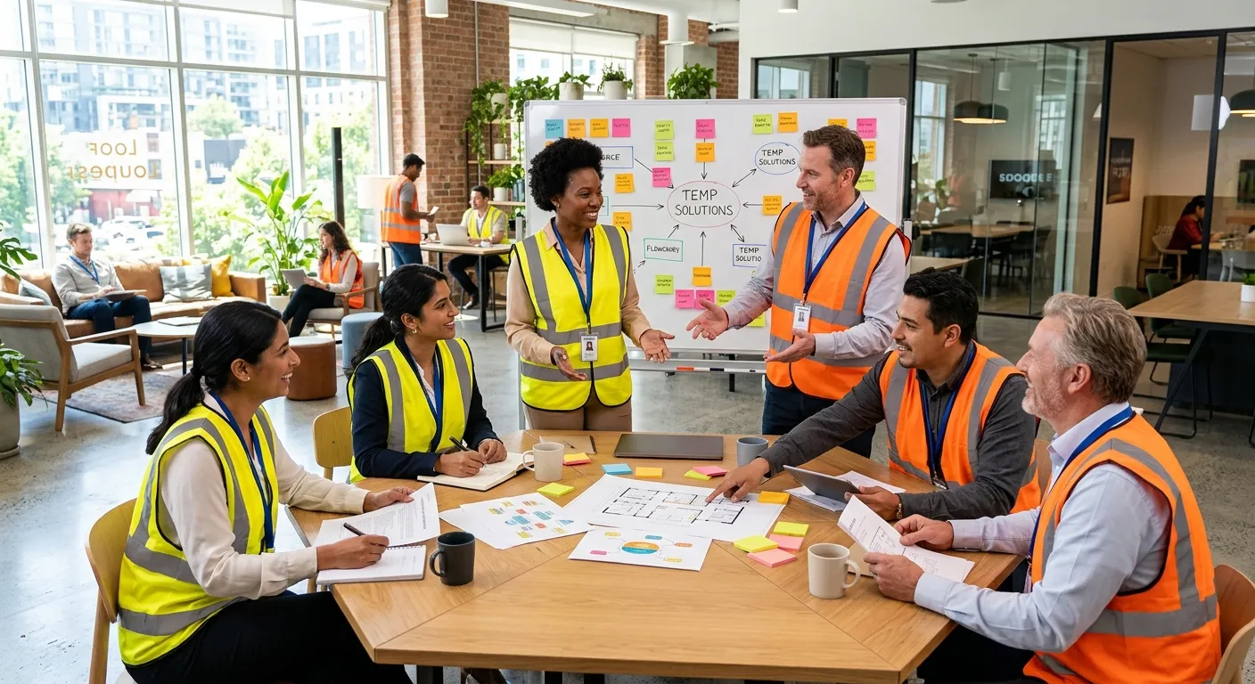 A dynamic, professional photo of a diverse team of temporary workers in high-visibility vests and office attire collaborating in a modern, bright workspace. The image conveys energy, flexibility, and professional partnership.