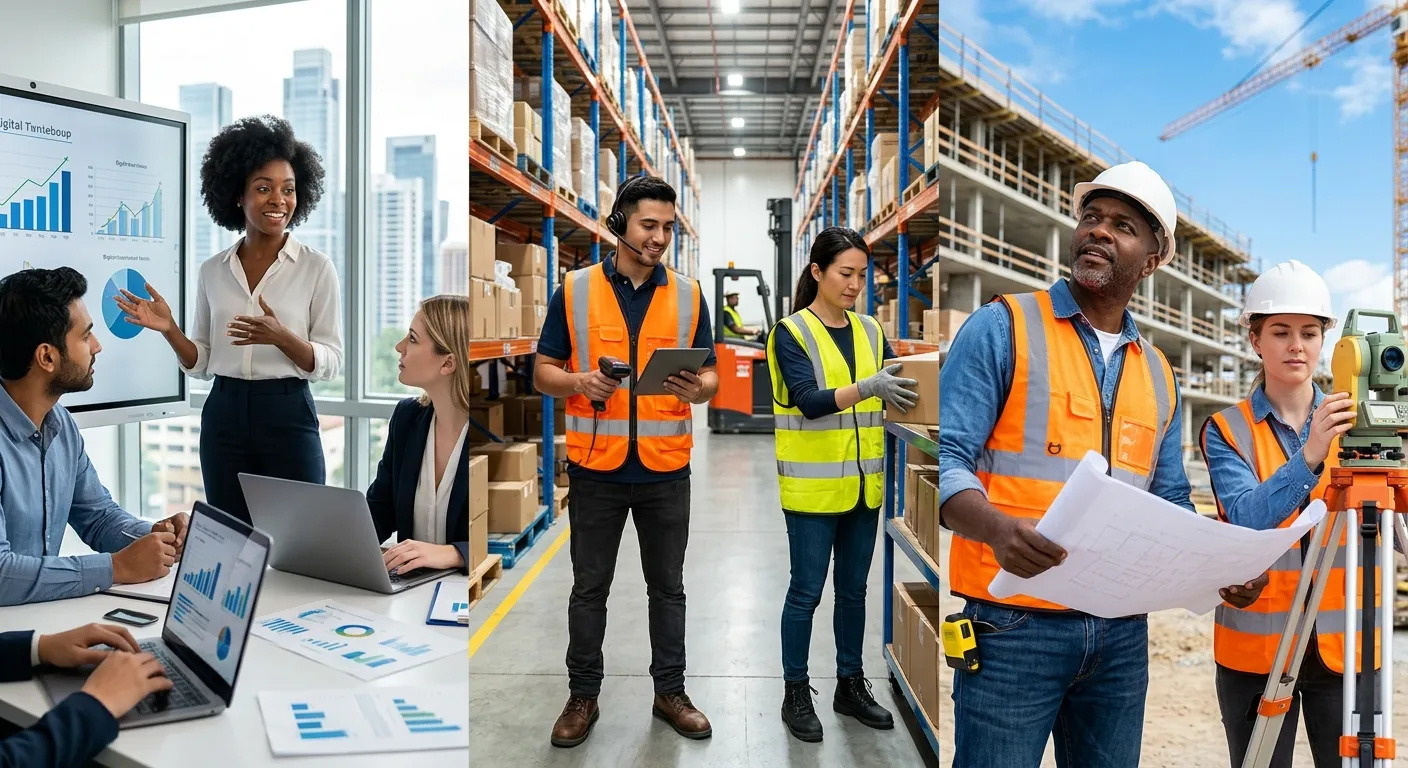 A dynamic, professional hero image showing a diverse group of people in modern work settings (office, warehouse, construction site) looking engaged and productive. The style is vibrant, high-resolution, and conveys energy and opportunity. Mood: Optimistic, professional, and action-oriented.