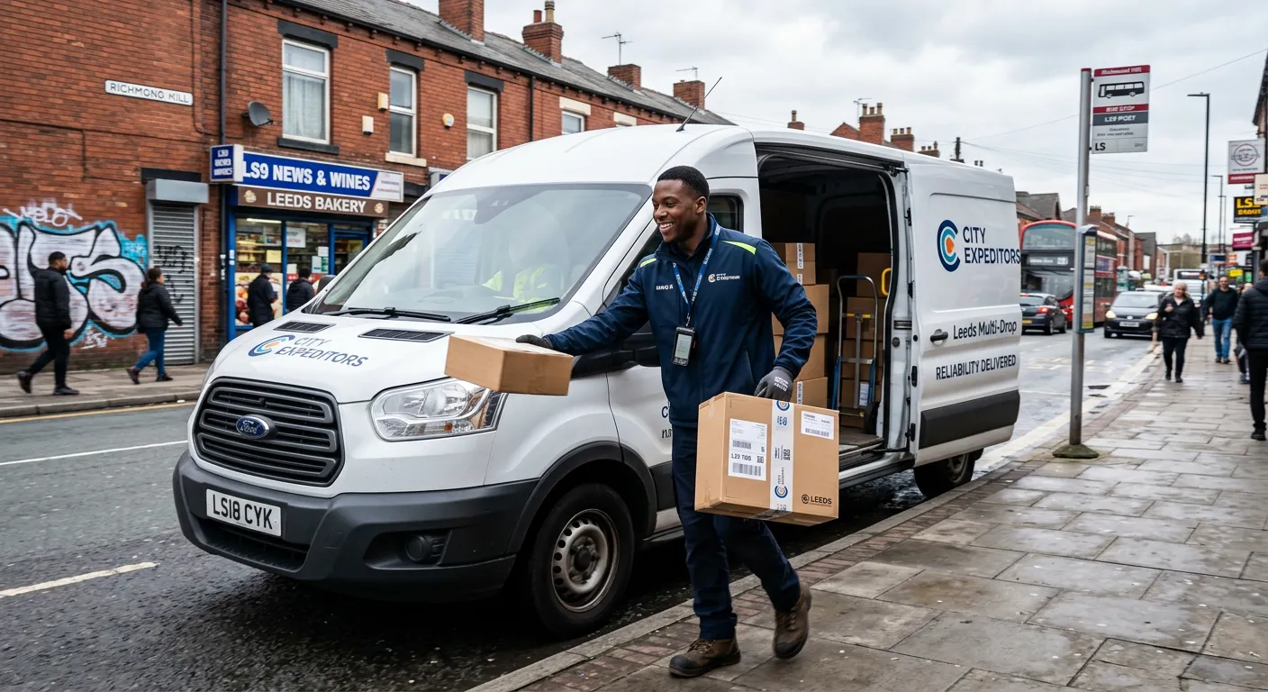 A professional, energetic multi-drop driver in Leeds, unloading parcels from a modern van in a dynamic urban setting like LS9, wearing branded uniform, action-oriented shot conveying efficiency and reliability