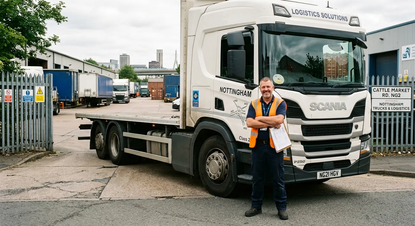 A professional, confident HGV Class 2 Driver in hi-vis vest, standing beside a large rigid lorry in... A professional, confident HGV Class 2 Driver in hi-vis vest, standing beside a large rigid lorry in an industrial yard in Nottingham. The image should convey reliability, safety, and the local NG2 area.