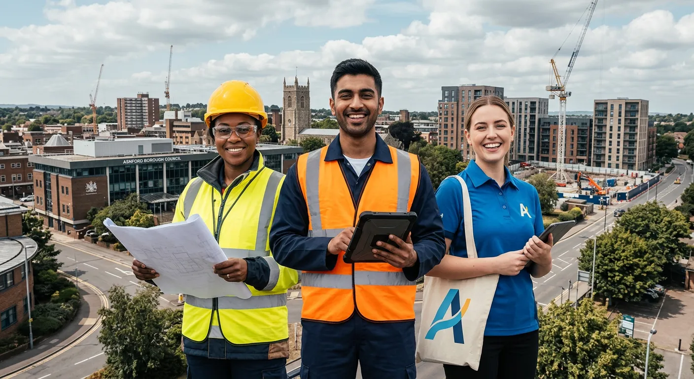 A dynamic, professional composite image showcasing the Ashford skyline blending with diverse professionals - a construction worker, a warehouse operative, and a retail assistant - all smiling and looking confident. Style: Modern, optimistic, slightly desaturated with vibrant accent colours on hard hats and uniforms. Mood: Energetic, professional, and full of opportunity.