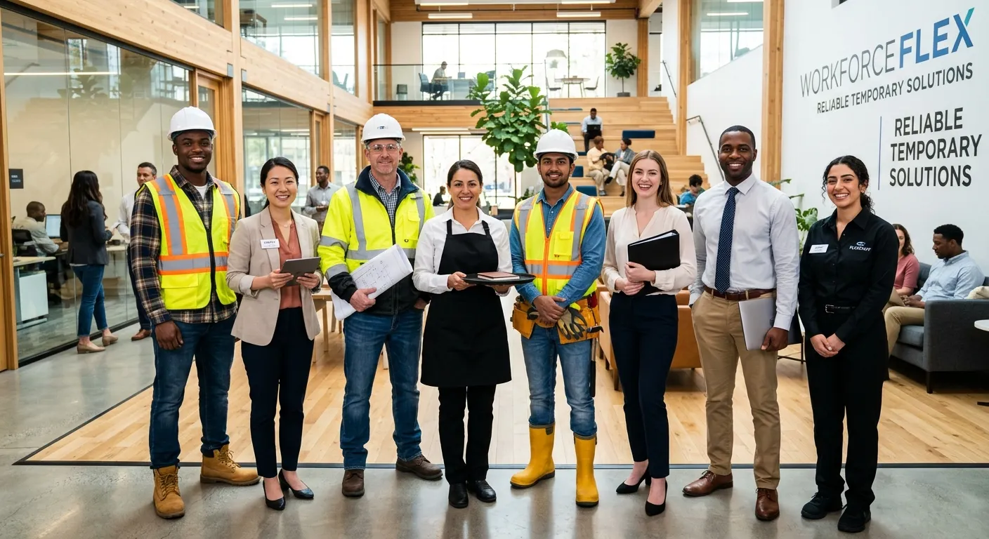 A diverse group of professional temporary workers in various uniforms (construction, hospitality, office) standing confidently in a modern, bright workspace, looking at the camera. Style: Professional, vibrant, and dynamic. Mood: Energetic, reliable, and solution-oriented.
