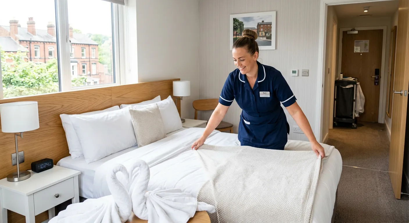 A professional Room Attendant in a crisp uniform, meticulously making a bed in a bright, clean hotel... A professional Room Attendant in a crisp uniform, meticulously making a bed in a bright, clean hotel room in Oldham. Style: Bright, welcoming, and focused on detail.