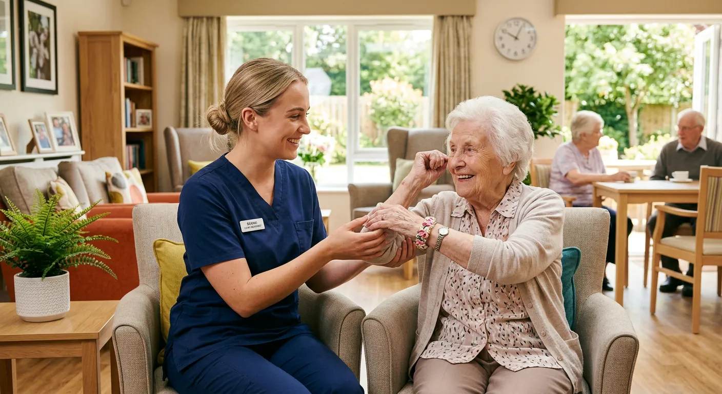 A compassionate care assistant in a clean uniform smiling while helping an elderly resident with a g... A compassionate care assistant in a clean uniform smiling while helping an elderly resident with a gentle arm exercise in a bright, sunlit communal lounge of a care home.