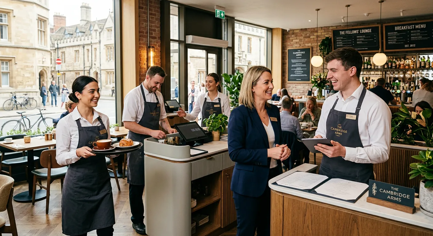 A professional, welcoming image of a well-presented hospitality team in a busy Cambridge hotel or re... A professional, welcoming image of a well-presented hospitality team in a busy Cambridge hotel or restaurant setting, smiling and working together. Style: Bright, natural lighting, modern hospitality environment.