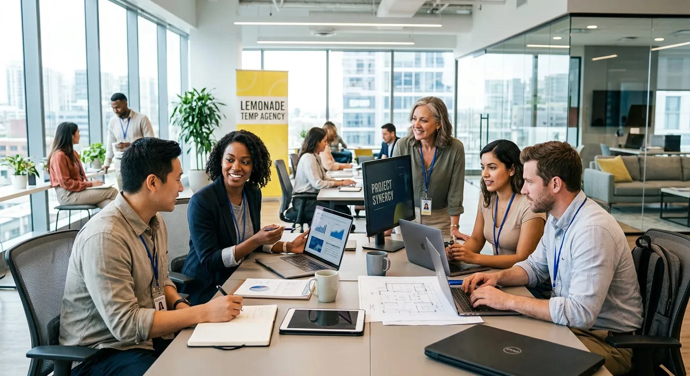 A dynamic, professional hero image showing a diverse group of temporary workers collaborating in a modern, bright office/workspace environment. The style is energetic and high-contrast, with a focus on teamwork and efficiency.