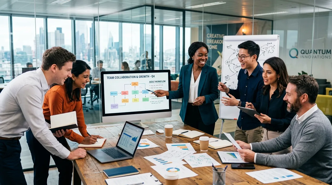 A dynamic, high-contrast hero image showing a diverse group of professionals collaborating in a mode... A dynamic, high-contrast hero image showing a diverse group of professionals collaborating in a modern office environment. Focus on energetic interaction and teamwork. Style: Professional corporate photography with sharp focus and vibrant, contrasting colors.