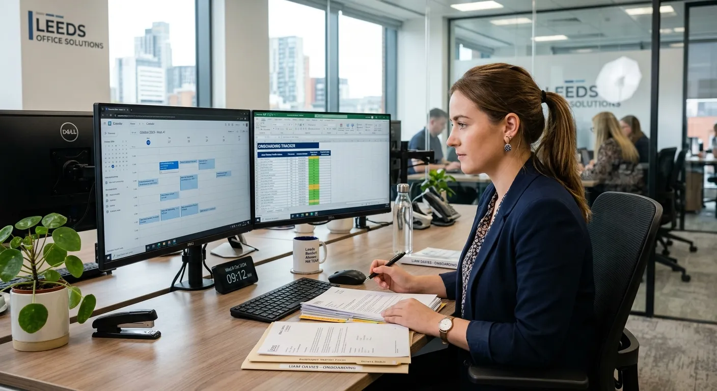 A professional HR Assistant at a desk in a Leeds office, organising onboarding documents and checkin... A professional HR Assistant at a desk in a Leeds office, organising onboarding documents and checking a digital calendar on a dual-monitor setup.