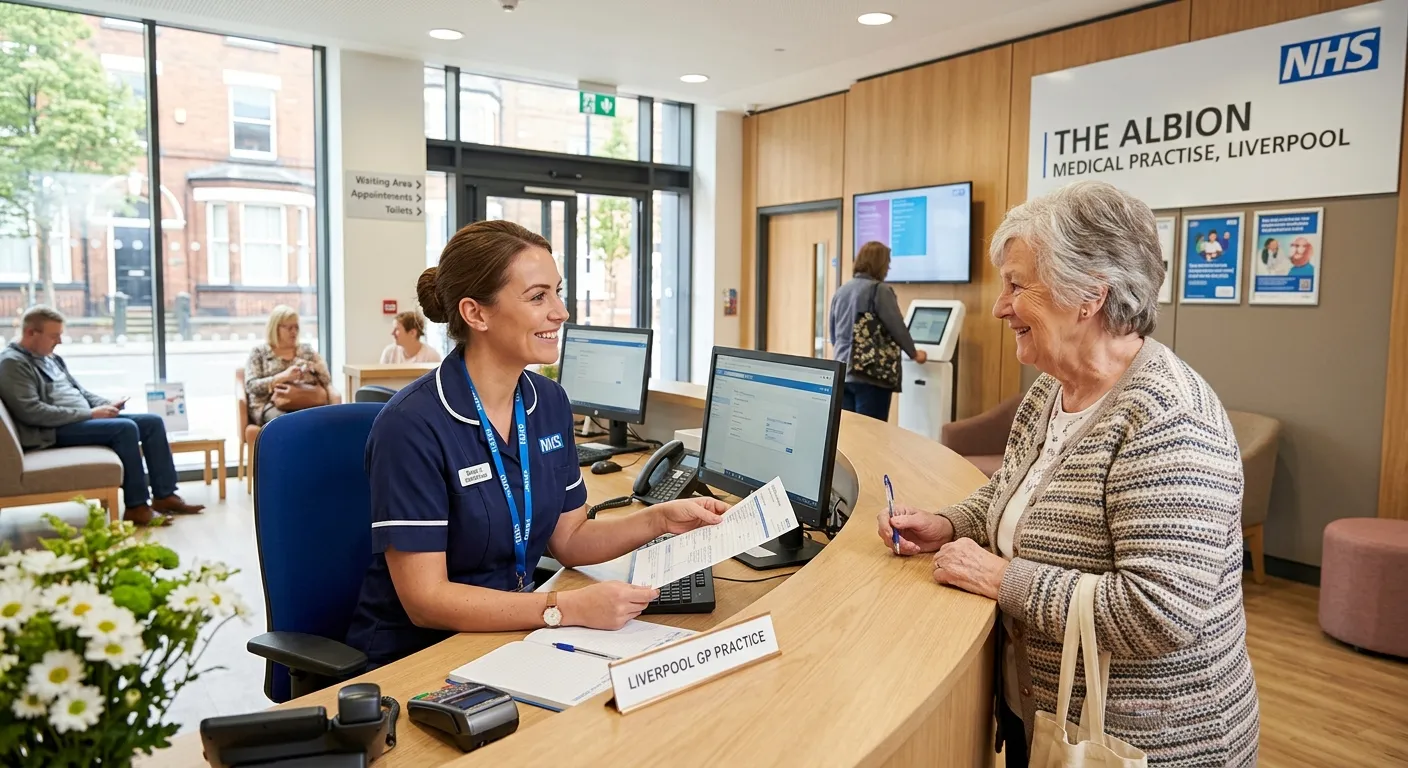 A professional, friendly receptionist in a modern GP surgery in Liverpool, smiling while helping a patient at the front desk. Bright, clean, and welcoming atmosphere.