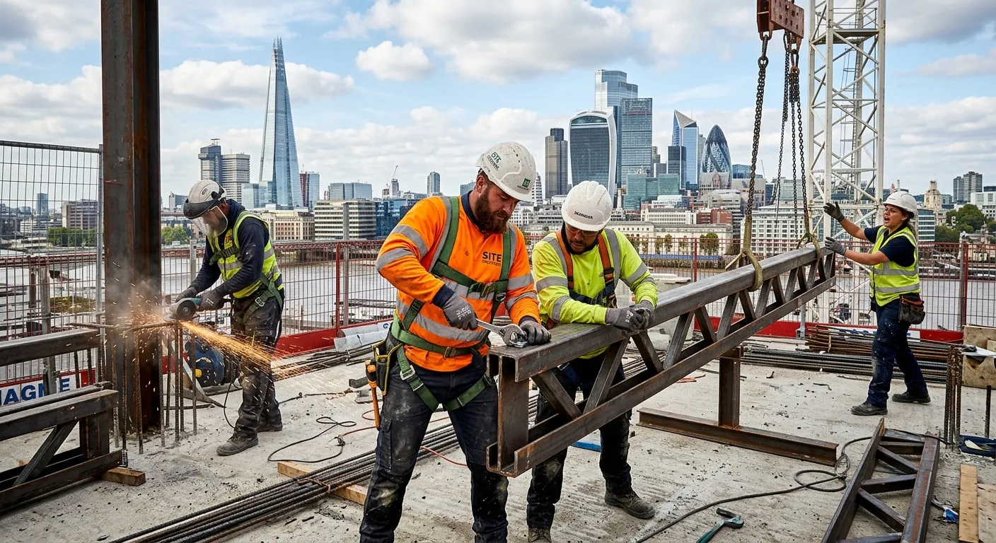 A dynamic, high-energy shot of skilled construction labourers working collaboratively on a modern Lo... A dynamic, high-energy shot of skilled construction labourers working collaboratively on a modern London building site, with iconic city landmarks like The Shard visible in the background. Professional, vibrant, and action-oriented mood.