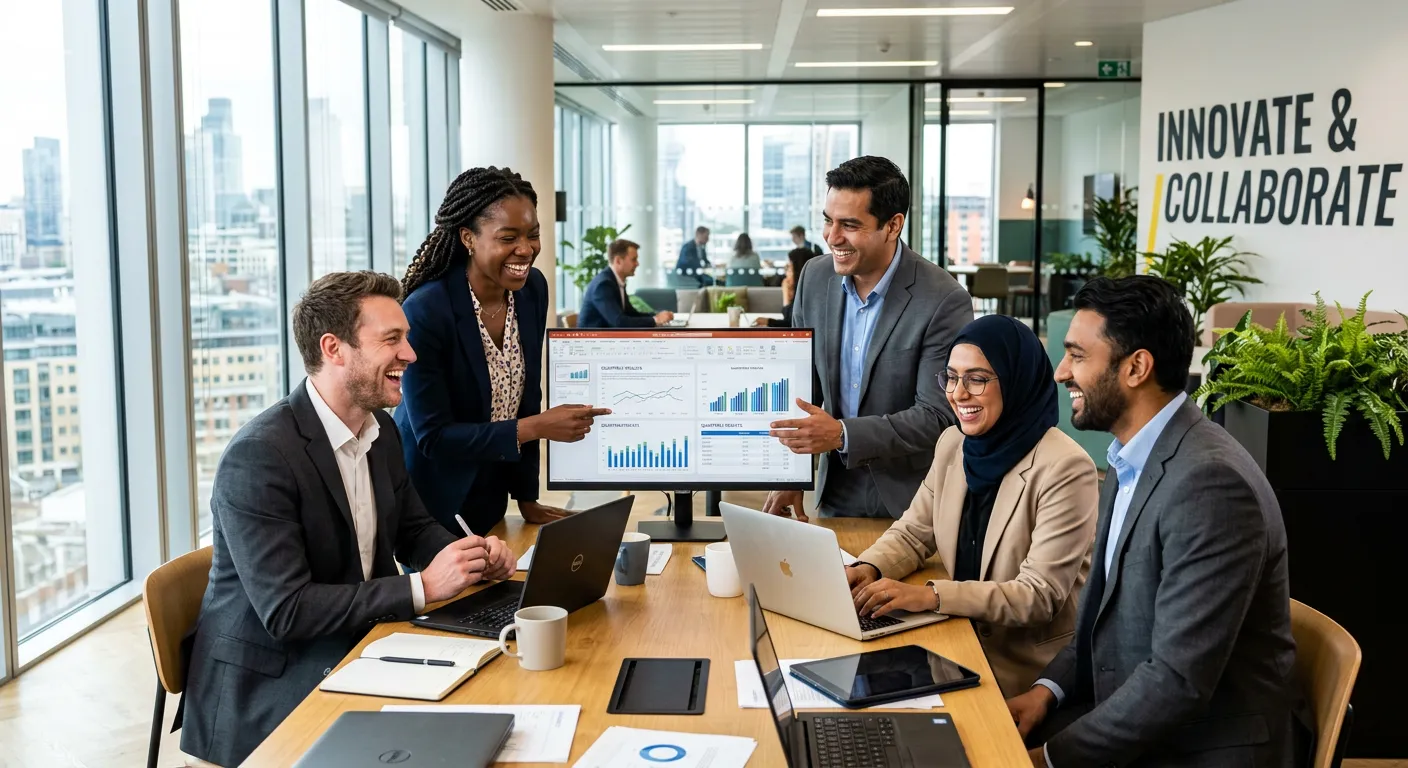A diverse group of professional workers in a modern, bright office setting, smiling and collaboratin... A diverse group of professional workers in a modern, bright office setting, smiling and collaborating. Style: professional, aspirational, high-contrast. Mood: Energetic, successful, and inclusive.