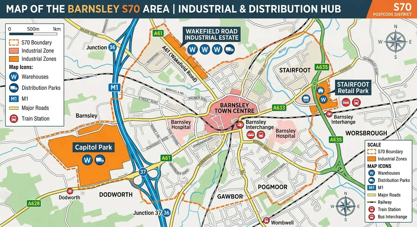 A map of the Barnsley S70 area highlighting key industrial estates and distribution parks like Capit... A map of the Barnsley S70 area highlighting key industrial estates and distribution parks like Capitol Park, Wakefield Road Industrial Estate, and Stairfoot Retail Park, with icons for warehouses and transport links.