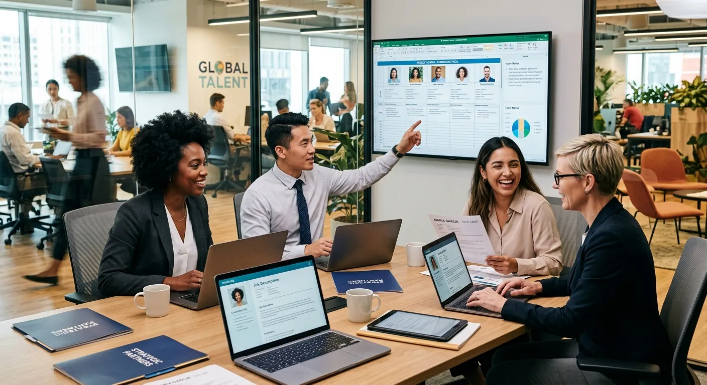 A professional, high-energy photo of a diverse recruitment team in a modern office, collaboratively reviewing candidate profiles on multiple screens. Style: Corporate, vibrant, and focused. Mood: Strategic, successful, and partnership-driven.