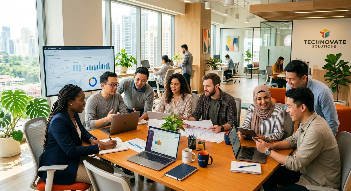 A diverse group of modern professionals collaborating in a bright, open-plan office. The style is vi... A diverse group of modern professionals collaborating in a bright, open-plan office. The style is vibrant, professional, and forward-thinking, with a focus on teamwork and technology.