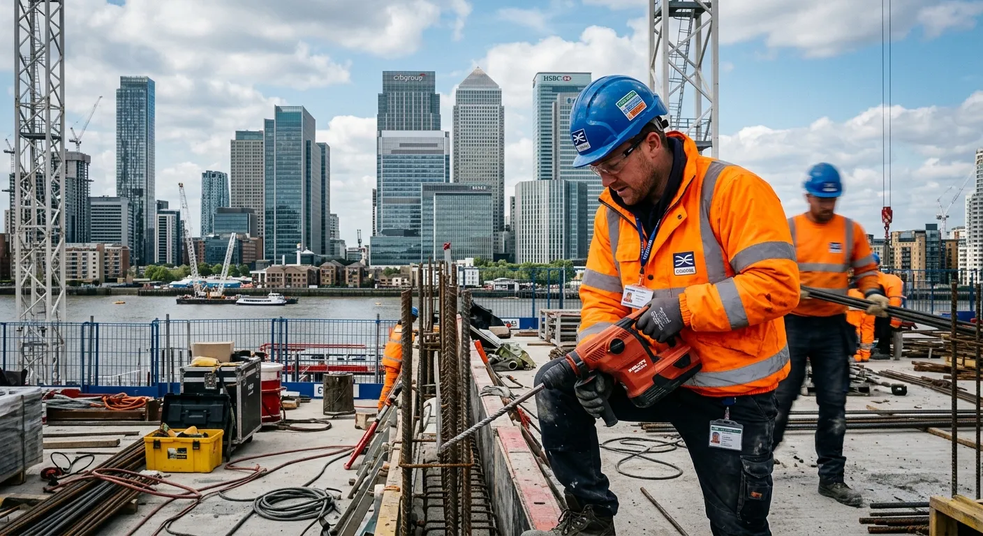A professional, dynamic photo of a labourer in high-visibility clothing, working on a modern constru... A professional, dynamic photo of a labourer in high-visibility clothing, working on a modern construction site in Canary Wharf, London E14. The image should convey action, reliability, and teamwork, with a clear view of the Docklands skyline in the background.